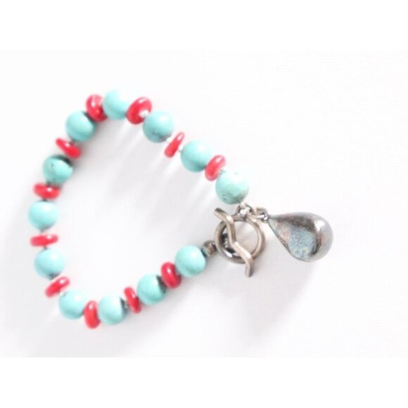 Ladies 925 Sterling Silver Turquoise Blue Red Stone Knot Teardrop Charm Bracelet - Picture 4 of 5